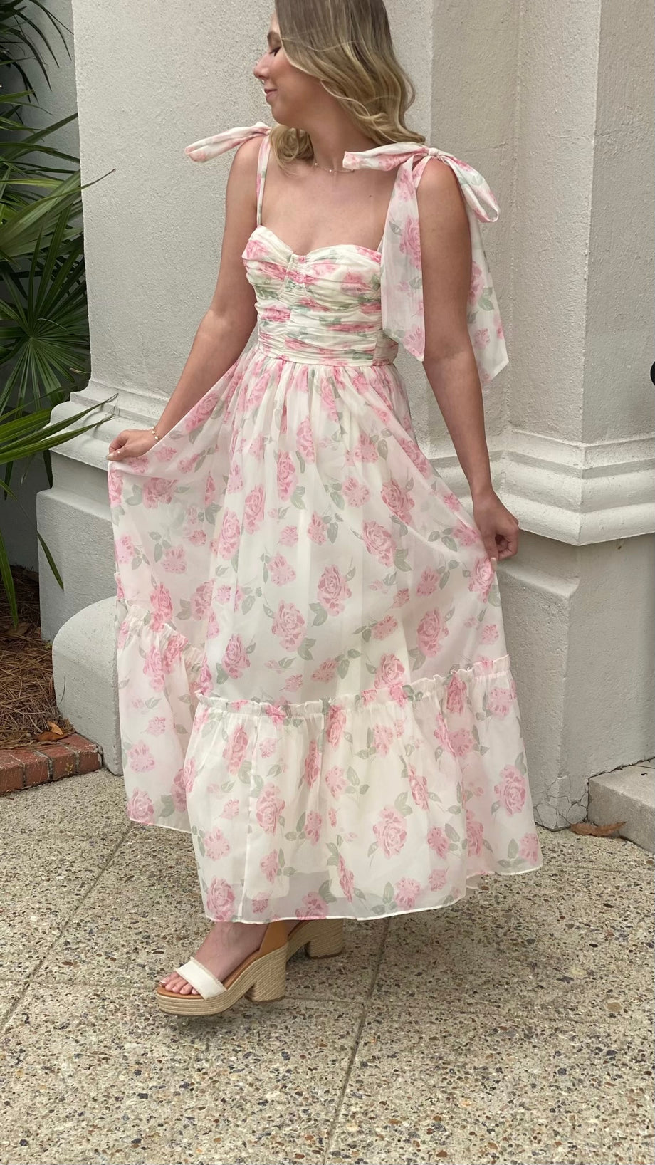 peach pink floral dress Peach Floral Print - Chiffon Pleated Dress - Floral Maxi Dress